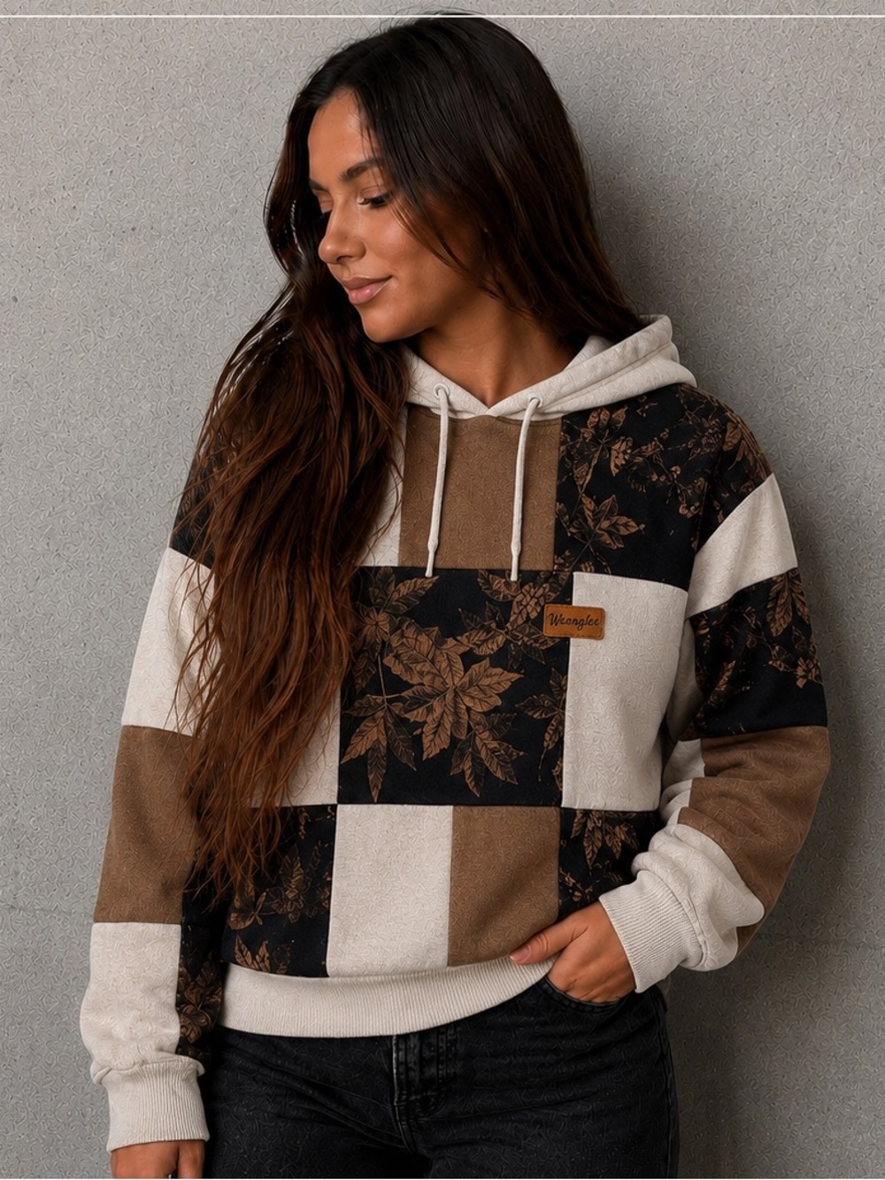 Upcycled Wrangler Patchwork Leaf Bleaching Hoodie Beige, Brown, Black Sweater